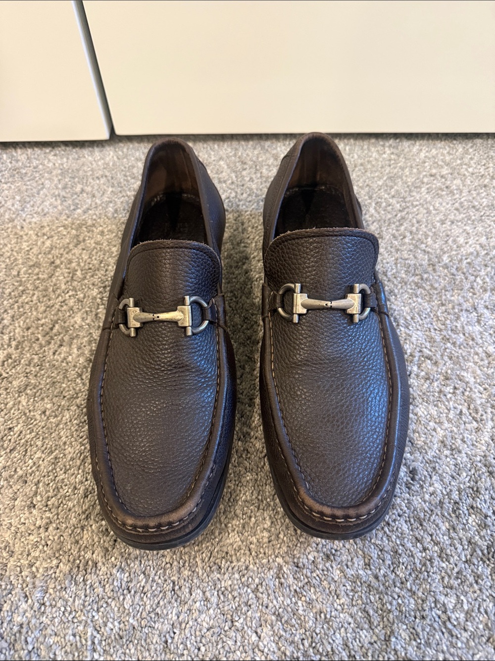 Salvatore Ferragamo Dark Brown Pebbled Leather Bit Loafers